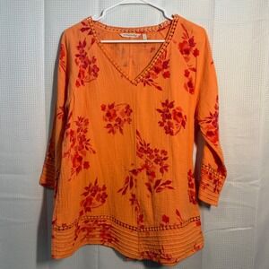 Soft Surroundings Orange Floral Print V Neck 3/4 Sleeve Tunic Top Size L